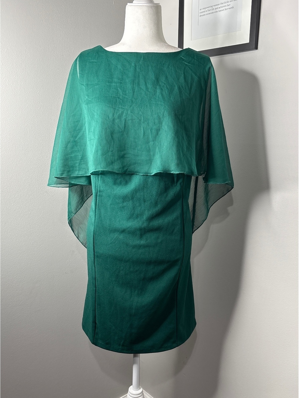 Nina Leonard Elegant Green Sheath Dress with Sheer Cape Overlay - Size XL